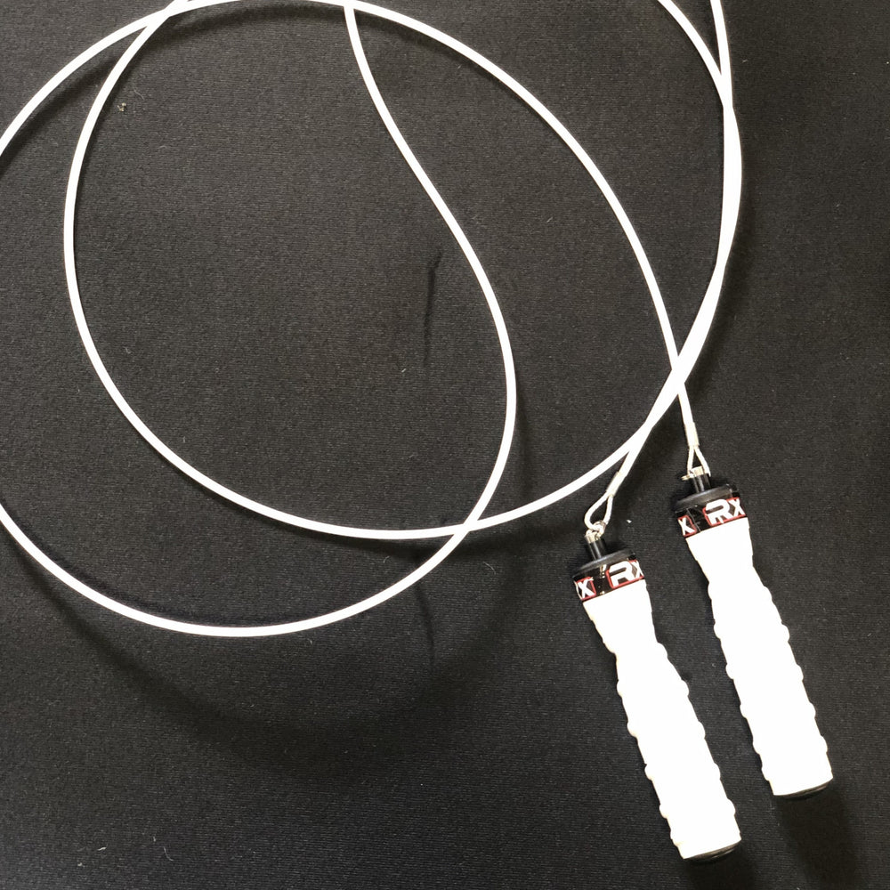
            
                Load image into Gallery viewer, A White jump rope and handles by Rx Smart Gear made exclusively for Equip Products. Used for visually impaired athletes, the jump rope is sitting on a black gym floor.
            
        